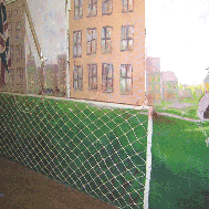 Scout hall mural with a painted on football goal